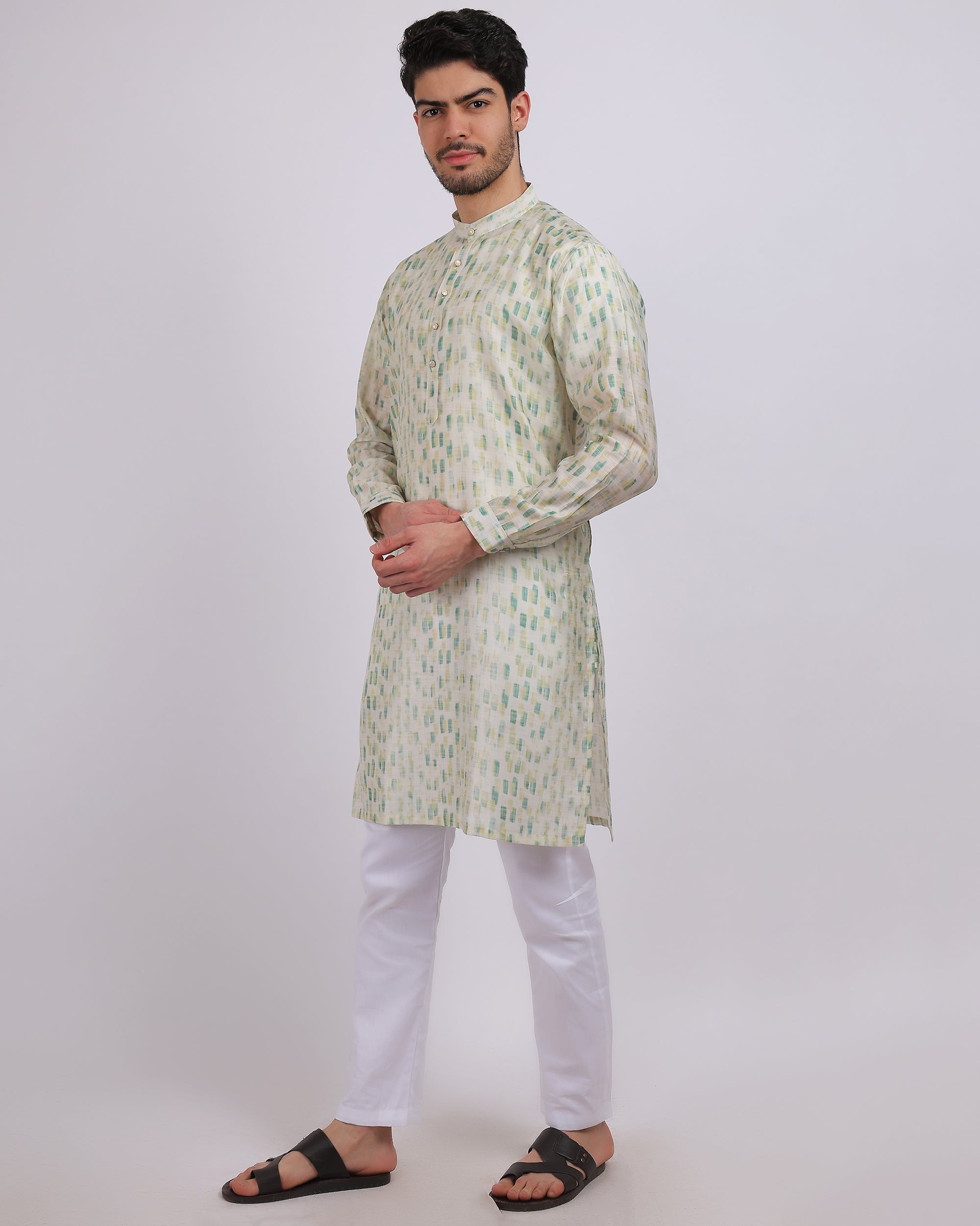 Green printed Cotton Poly blend kurta for men