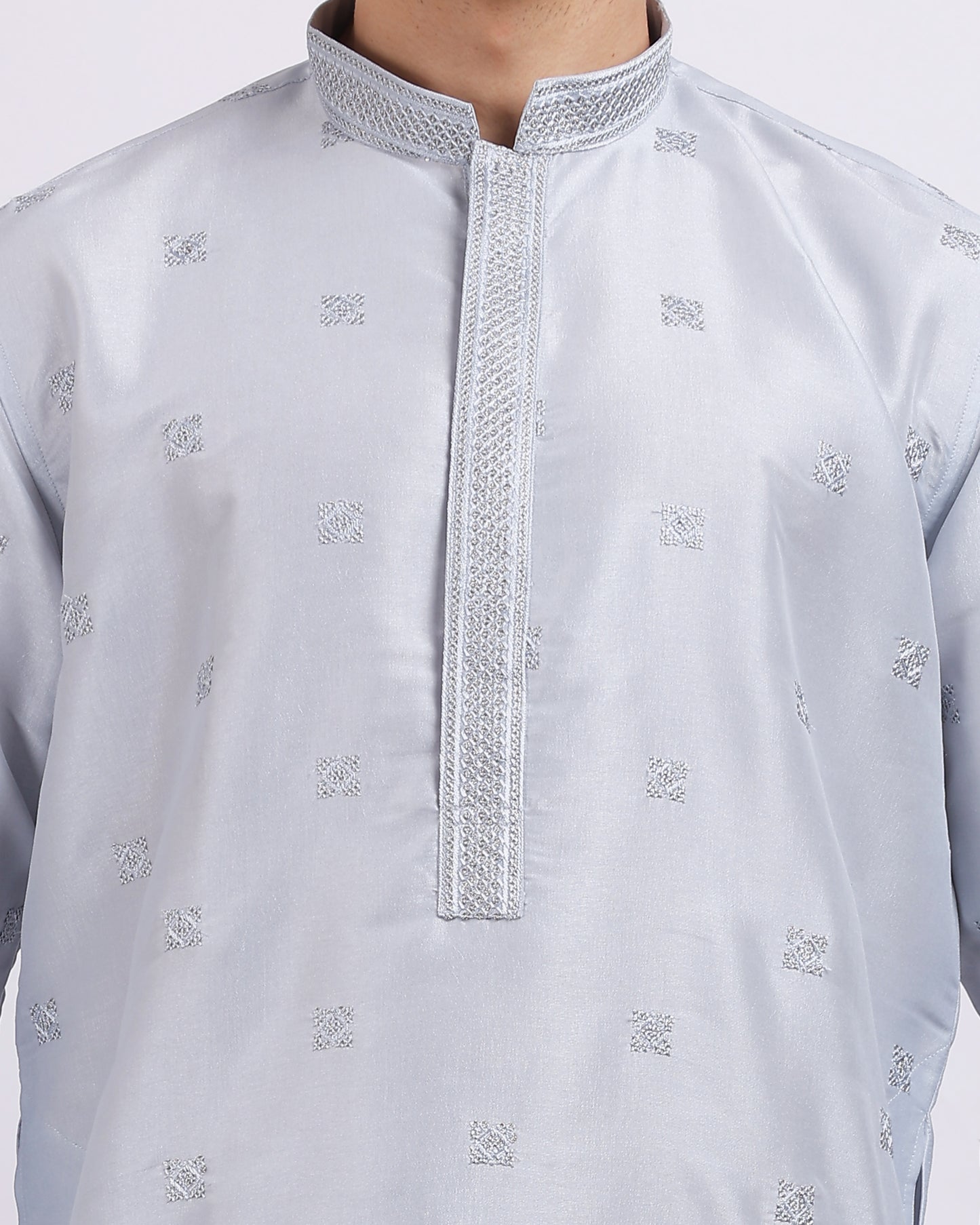 Pearl River Grey Embroidery Kurta Set with Mandarin Collar