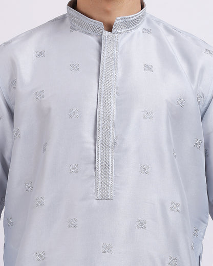 Pearl River Grey Embroidery Kurta Set with Mandarin Collar